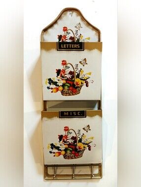 Vintage Metal Wall Mail & Misc Organizer with Key Hooks